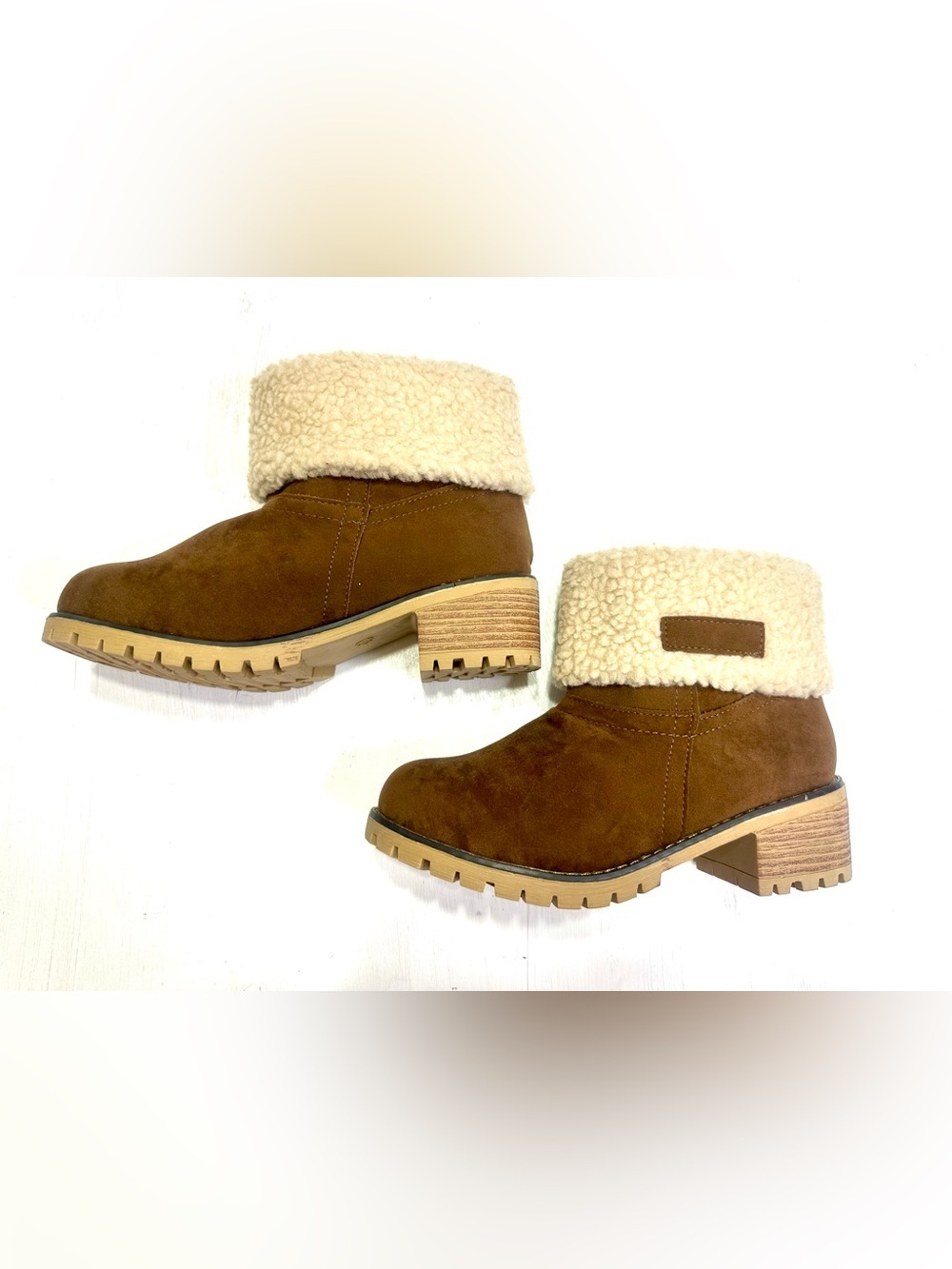 Women’s Brown Sherpa Cuff Ankle Boots Size 39 US 8.5 Faux Suede Lug Sole - Picture 3 of 12
